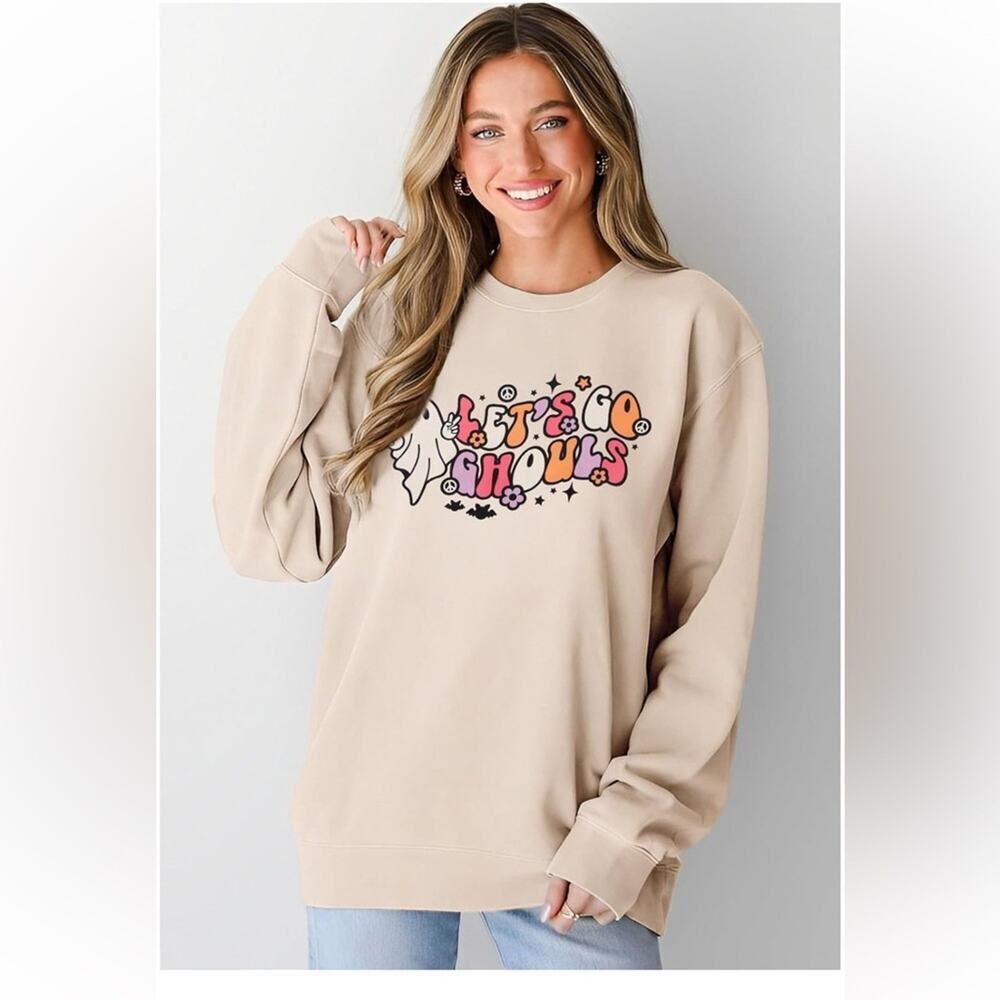 Lets Go Ghouls Sweatshirt Halloween Ghost Spooky Season Crewneck‎ Cream XXL